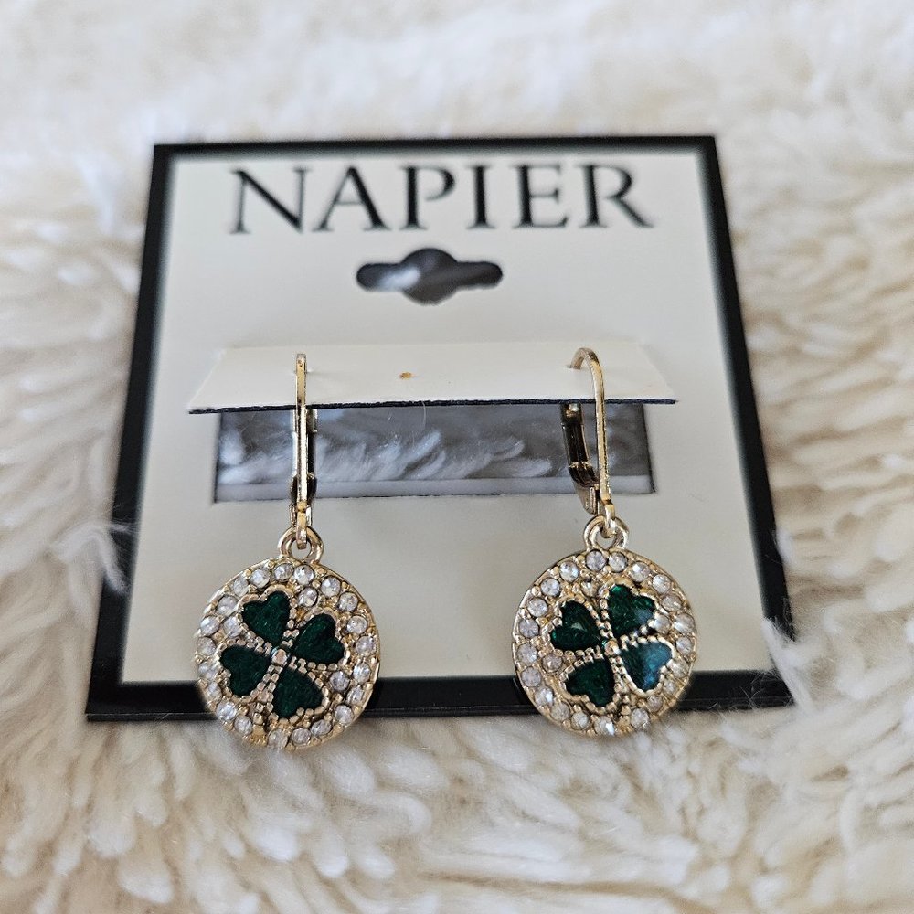 Napier Earrings Shamrock Lucky 1" Green/Rhinestone Charming